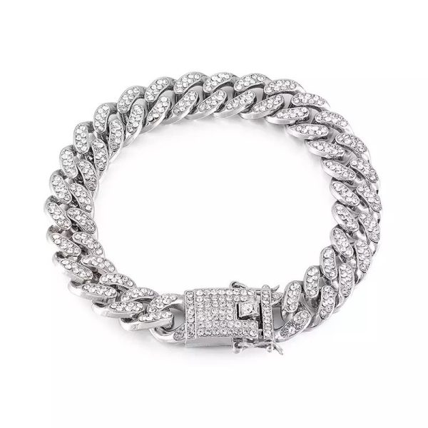 Mens silver Iced Cuban Link Chain Bracelet