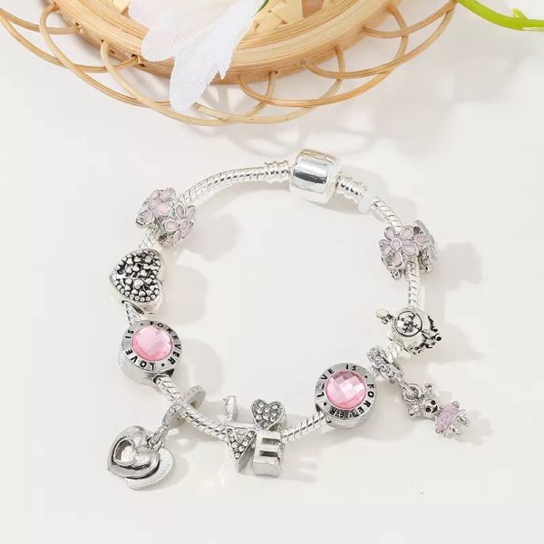 silver & pink love heart charm bracelet